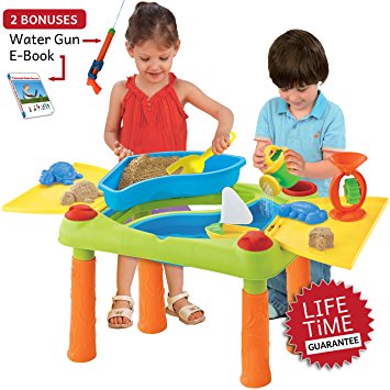 Sand Water Table, Aquatic Arena Sandbox Activity Play Set - Play Sand and Water Creative Sensory Table with Lid & Accessories, Includes 17 Piece Beach Toy Play Set, With Bonus Water Gun & E-Book