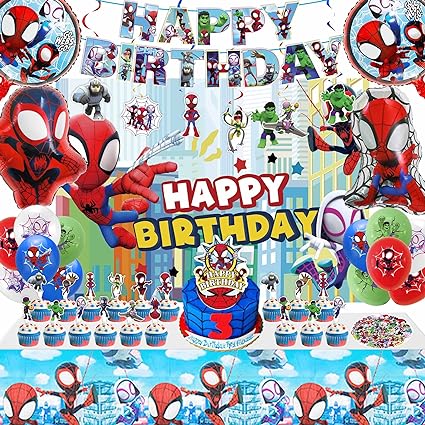Spidey and Friends Birthday Decorations Include Banner, Backdrop, Balloons, Hanging Swirls, Cake Cupcake Toppers, Tablecloth for Spidey and His Amazing Friends Birthday Decorations