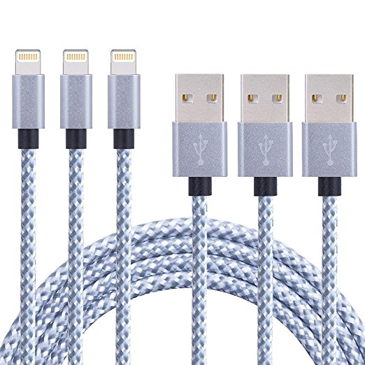 ONSON iPhone Cable,3Pack 6FT Nylon Braided Cord Lightning Cable Certified to USB Charging Charger for iPhone 7/7 Plus/6/6 Plus/6S/6S Plus,SE/5S/5,iPad,iPod Nano 7 (Gray White,6FT)