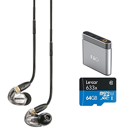 Shure SE425-V Sound Isolating Earphones w/ Detachable Cable & Formable Wire-Metallic Silver Bundle Includes FiiO A1 Portable Headphone Amplifier (Silver) & Lexar 64GB microSDXC UHS-I 633X Memory Card