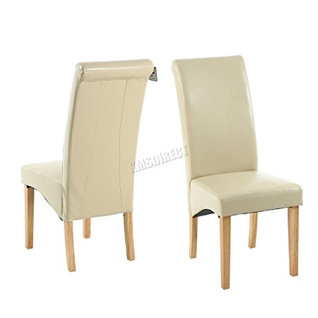 FoxHunter Furniture Set of 4 Premium Cream Faux Leather Dining Chairs Roll Top Scroll High Back with Solid Wood Legs Foam Padded Seat Contemporary Modern Look