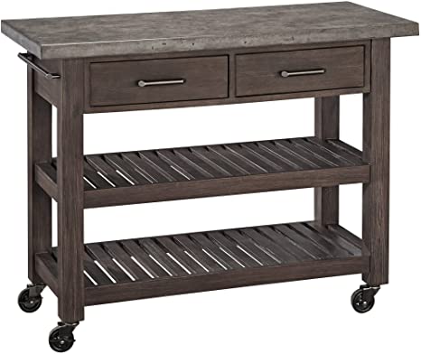 Home Styles Concrete Chic Kitchen Cart with Concrete Top, Two Push-through Drawers, Two Shelves, Four Casters, and Acacia Wood Base