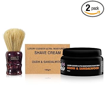 Pink Woolf Luxury Shaving COMBO for Men | Luxury Moisturizing Shaving Cream for Men & Boar Shaving Brush (Maroon Handle) | Exfoliate Your Beard Hair While Shaving | OUDH & SANDALWOOD