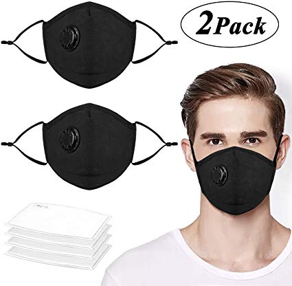 Mouth Mask, WOVTE Windproof Unisex Cotton Anti Pollution Mask with Valve Respirator, Protection from PM2.5, Exhaust Gas, Germs, Smoke, Allergies of Outdoor Activities (2 Pack Masks  4 Filters)