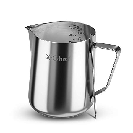 X-Chef Frothing Pitcher 30oz/900ml, Stainless Steel Milk Frother Pitcher with Latte Art Pen for Latte Cappuccino Espresso