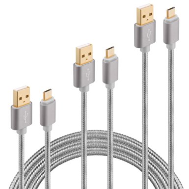 Galaxy S6 S7 Charger Cable, HI-Cable Speed  3Pack [10ft 6ft 3ft] USB2.0 A to Micro B Quick Fast Braided Long Charging Cord For Samsung Note 4 5 S4 S5 Active Tab A S S2 Pro PS3 4 Android Phone (Gray)