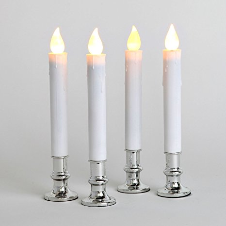 Set of 4 Extra Bright Flameless Taper Candles with Auto Timer and Removable Silver Base, Batteries Included