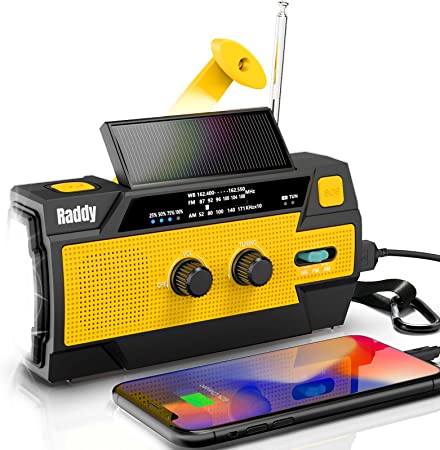 Raddy SW3 Wind up Radio 4000mAh Power Bank Dynamo Crank Solar Power FM/AM Emergency Radio with Flashlight SOS Alarm Reflective Strip for Camping Hiking (Yellow)