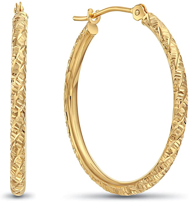 14k Gold Hand Engraved Diamond-cut Round Hoop Earrings -1'' Diameter