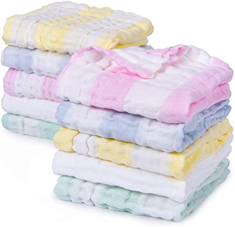 Baby Muslin Washcloths, Momcozy Baby Washcloths 12'' x 12'' 100% Muslin Cotton Soft Baby Towels Set Reusable Muslin Cotton Baby Wipes for Bath, Bibs and Hands, Unisex, 10 Pack (Rainbow)