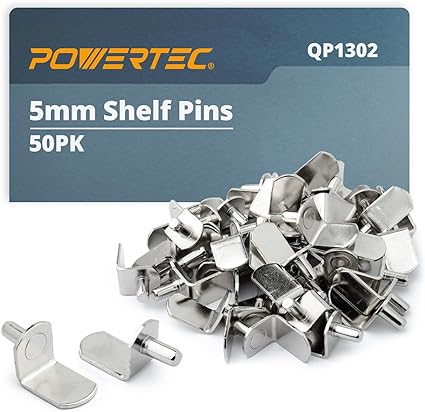 POWERTEC QP1302 5mm Shelf Pegs 50 pcs, L-Shaped Bracket Shelf Pins Support Pegs for Shelves, Kitchen Cabinet Shelf, Bookshelf, Closet and Furniture, Nickel Plated Shelf Holders Pegs