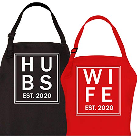 Let the Fun Begin Bridal Shower Gift, Hubs and Wife 2020 Couples Aprons, Mr and Mrs His Hers Wedding Engagement Gifts (1 Red, 1 Black)