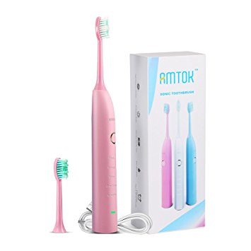 AMTOK Electric Toothbrush Sonicare White and Clean Sonic Smart Toothbrushes IPX7 Waterproof Rechargeable Tooth Brush 5 Modes 2 Min Timer & 30 Sec Reminder (Pink)