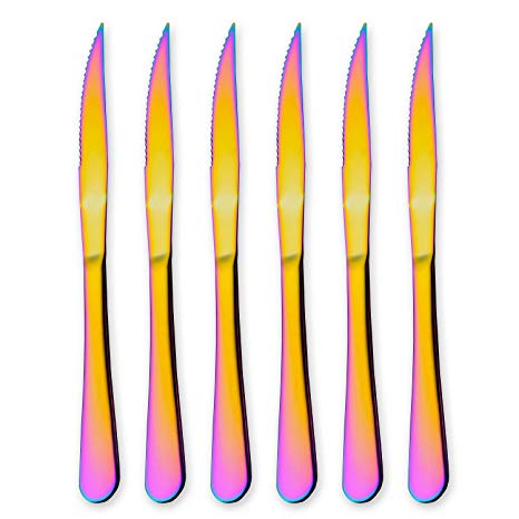 Steak Knife Steak Knives Set, Stainless Steel Flatware Set of 6 Pieces, Mirror Polish and Rainbow Color PVD Coating