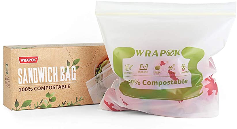WRAPOK 100% Compostable Small Sandwich Bags 50 Count Reusable Biodegradable Storage Freezer Bag for Kitchen