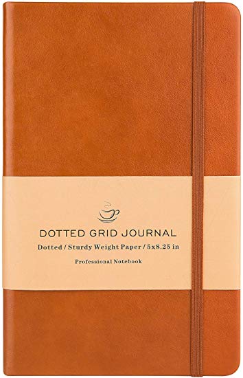 Dotted Grid Notebook/Journal - Dot Grid Hard Cover Notebook, Premium Thick Paper with Fine Inner Pocket, Brown Smooth Faux Leather, 5''×8.25''