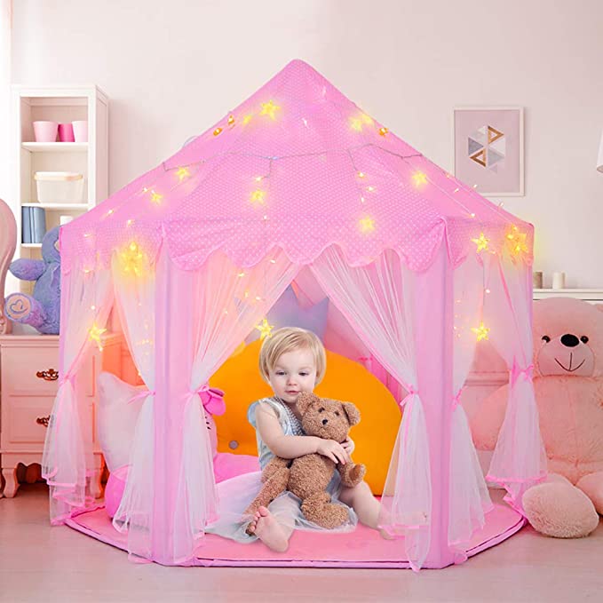 Child Play Tent, Princess Castle Play Tent Large Kids Play House with Star Lights Girls Pink Play Tents Toy for Indoor & Outdoor Games (Pink)