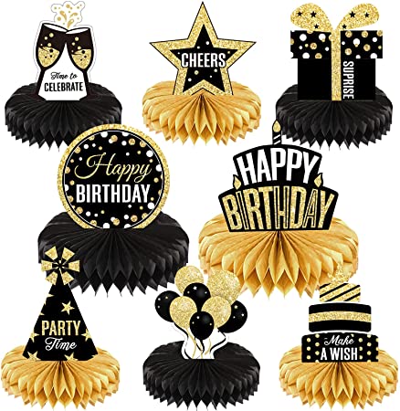 8 Pieces Happy Birthday Party Decorations Supplies Birthday Honeycomb Centerpieces Birthday Table Toppers for Birthday Party Favor Photo Booth Props, Black and Gold