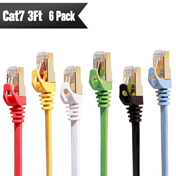 Cat 7 Ethernet Patch Cable 3ft 6 Pack (Highest Speed Cable) Cat7 Flat Shielded Ineternet Network Cables for Modem, Router, LAN, Computer