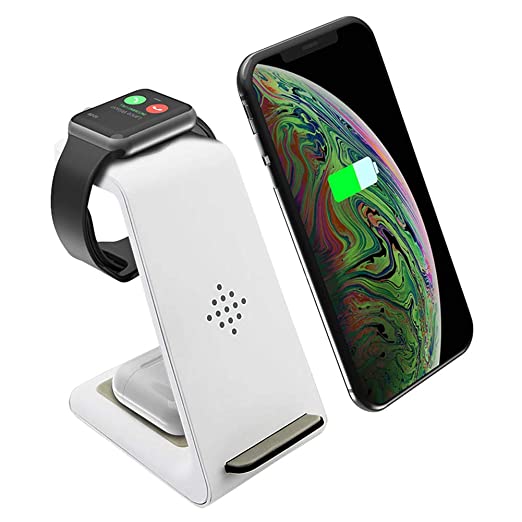 Wireless Charger Stand 3 in 1 Wireless Charging Station for Apple Watch 5/4/3/2/1 Airpods Pro Premium Qi-Certified Fast Cordless Charger for iPhone 11/Xs/X Max/XR/X/8/8Plus/Samsung S9/Note9-White