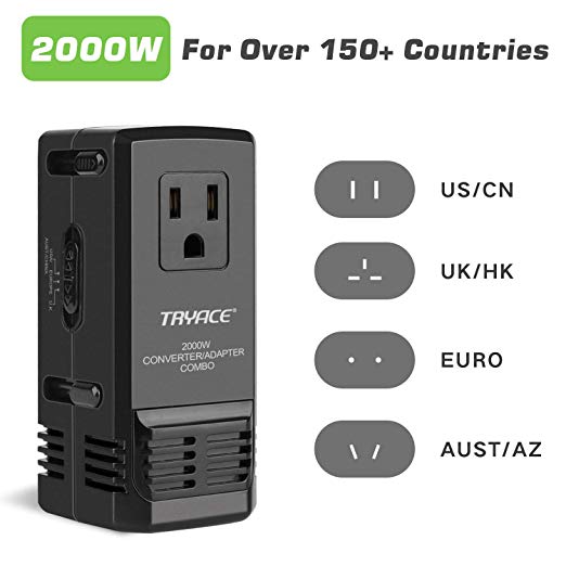 TryAce 2000W Worldwide Travel Converter and Adapter for Hair Dryer/Phones/Laptop,Set Down Voltage 220V to 110V International Voltage Converter, All in One Plug Adapter