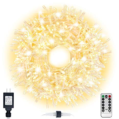 JUXUN Indoor Outdoor Christmas Lights 500 LED 164ft Warm White Connectable, Christmas Tree String Lights Plug in Fairy Lights with Remote 8 Modes Timer for Wedding Party Yard Decor
