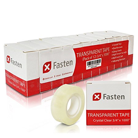 XFasten Crystal Clear Transparent Tape 3/4-Inch by 1000-Inch, Pack of 12