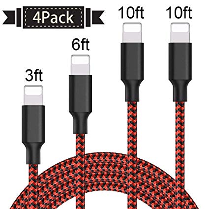 Lightning Cable, Hootech iPhone Charger Cables, 5Pack 3FT 2x6FT 2x10FT to USB Syncing Data and Nylon Braided Cord Charger for iPhone Xs Max, XR, X, 8, 7, Plus, 6, 6S, 6 Plus, 5, 5C, 5S, SE - Red