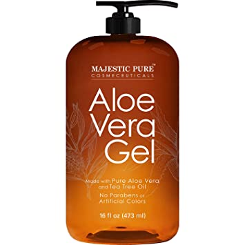 Majestic Pure Aloe Vera Gel with Tea Tree Essential Oil - Moisturizes, and Nourishes Skin - Soothes Sunburn, Bites, Rashes, Small Cuts & Eczema - (Packaging May Vary) - 16 fl oz