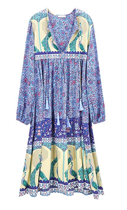 R.Vivimos Women's Long Sleeve Floral Print Retro V Neck Tassel Bohemian Midi Dresses