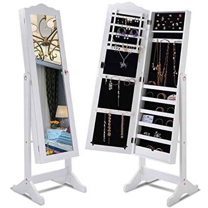 Giantex Lockable Mirrored Jewelry Cabinet Armoire Mirror Organizer Storage Box w/ Stand (White)