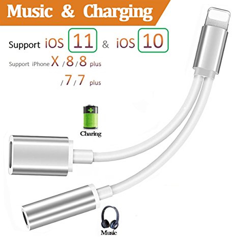 2 in 1 Lightning Audio  Charger Adapter for iPhone X iPhone 8/8Plus iPhone 7/7Plus iPad Headset Earphone.Headphone Audio Splitter and Charger Adaptor Wire control.Compatible iOS 11.3 or Later-Silve