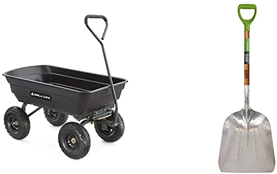 Gorilla Carts GOR4PS Poly Garden Dump Cart with Steel Frame and 10-in. Pneumatic Tires, 600-Pound Capacity, Black & AMES 2672100 Aluminum Scoop with Hardwood Handle and D-Grip, 45-Inch