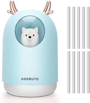 UODBUYO Portable Cool Mist Humidifier - 300ml USB Mini Air Humidifier with 10 Pcs Humidifier Sticks, 7 Color Night Light Room Humidifier for Bedroom Office Desk,Car,Travel (Blue)