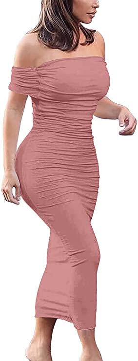 GOBLES Women's Ruched Off Shoulder Short Sleeve Bodycon Midi Elegant Cocktail Party Dress