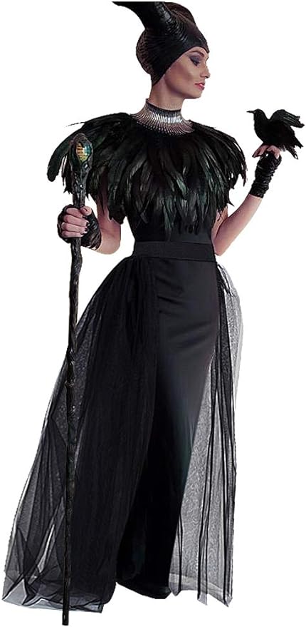 L'VOW Gothic Black Feather Cape Shawl and Women 4 Layers Black Tulle Skirt Floor Length Long Tutu Skirts for Halloween