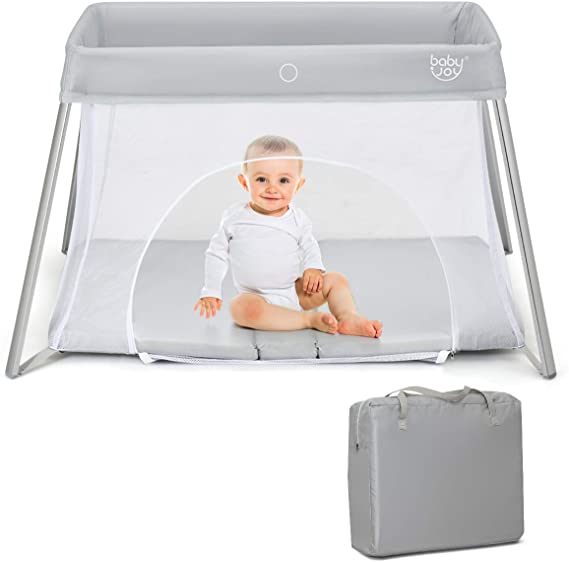 COSTWAY Foldable Travel Cot, 2 in 1 Portable Playpen with Soft Mattress, Zipper Door and Carry Bag, Lightweight Mesh Playard for Infants Toddlers (Silver)