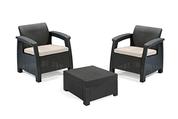 Keter 17194274 Corfu 2 Seater Balcony Garden Outdoor Rattan Furniture Set - Graphite with Cream Cushions