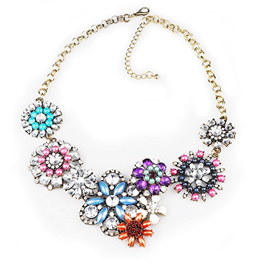 Houda Retro Alloy Rolo Chain Jewelry Vintage Diamante Crystal Flower Fringe Pendant Statement Necklace