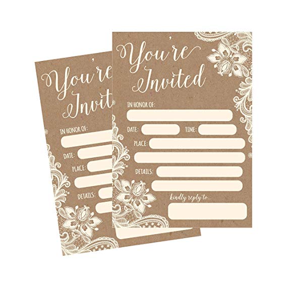 50 Fill In Invitations, Burlap and Lace, Kraft, Wedding Invitations, Bridal Shower Invitations, Rehearsal Dinner, Dinner Invites, Baby Shower Invite, Bachelorette Party Invites, Engagement, Graduation
