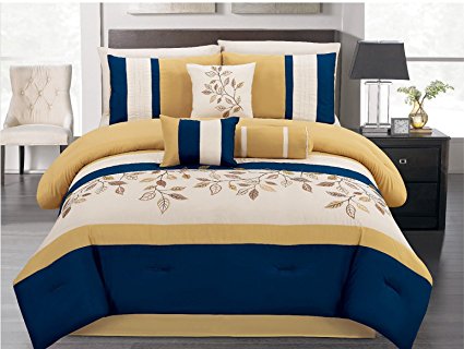 Summer Bahama Paradise, Emboridery Comforter Set, Queen, Yellow Blue, 7 Pieces