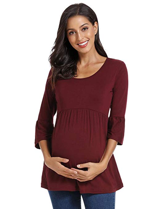 Love2Mi Women's Striped Peplum Maternity Bell-Sleeve Tunic Top Ultra Soft Pregnancy Shirt
