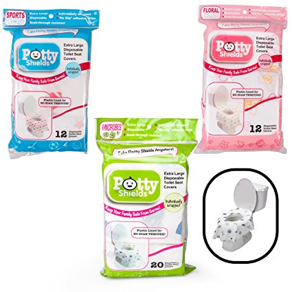 Toilet Seat Covers- Disposable XL Potty Seat Covers, Individually Wrapped by Potty Shields - Extra-Large, No Slip (Floral- 12 Pack)