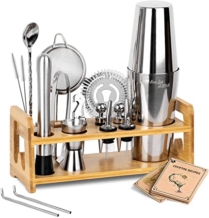 Bar Set Cocktail Shaker Set, AHNR 17-Piece Bartender Kit Boston Shaker Set with Stylish Bamboo Stand, Bar Tool Set Home Bartending Kit Martini Cocktail Shaker Set for Drink Mixing