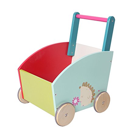 Labebe Baby Walker with Wheel, Green Hedgehog Printed Wooden Push Toy, 2-in-1 Wooden Activity Walker for Baby 1-3 Years, Baby Learning Walker/Baby Push Toy/Push Along Toy/Little Walker/Infant Wagon