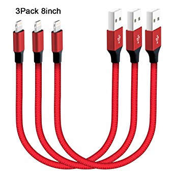 XUZOU iPhone Cable,Lightning Cable 3Pack 8Inch Nylon Braided Cord Certified to USB Charging Charger for iPad,iPod Nano 7,iPhone 7/7 Plus,6/6 Plus/6S/6S Plus,SE/5S/5 (Red,8in)