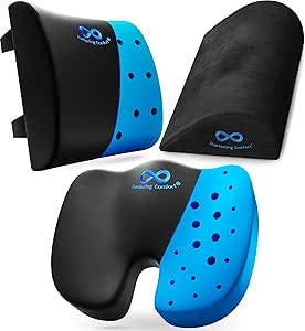 Everlasting Comfort Seat & Back Cushions & Ergonomic Foot Rest - Enhance Posture, Relieve Back & Foot Pain - Reduce Tailbone Pressure - Multi-Use Gel Infused Memory Foam (Black)