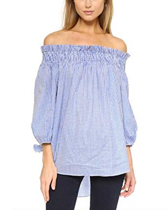 ZANZEA Women's Plus Size Off shoulder 3/4 Sleeve Loose Long Tops Blouse Shirt Blue Box US 18/ASIAN 2XL