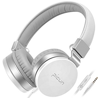 Picun C18 Headphones with Microphone Over Ear with Volume Control Folding Lightweight Stereo Wired Headset for Ipad Iphone Ipod Tablets Smartphones Laptop Computer PC MP3 and Android Devices (White)