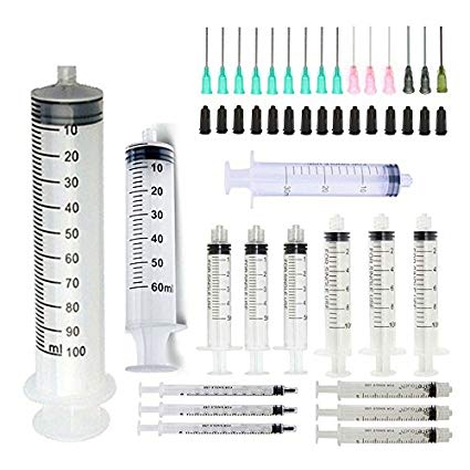 15 Pack, 100ml, 60ml, 30ml, 10ml, 5ml, 3ml, 1ml Syringes with Blunt Tip Fill Needles and Storage Caps(Luer Lock)